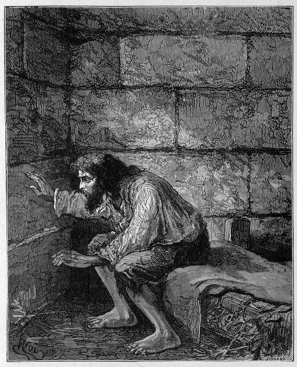 Edmond Dantes, the Count of Monte Cristo in his prison - Engraving by Riou, in 