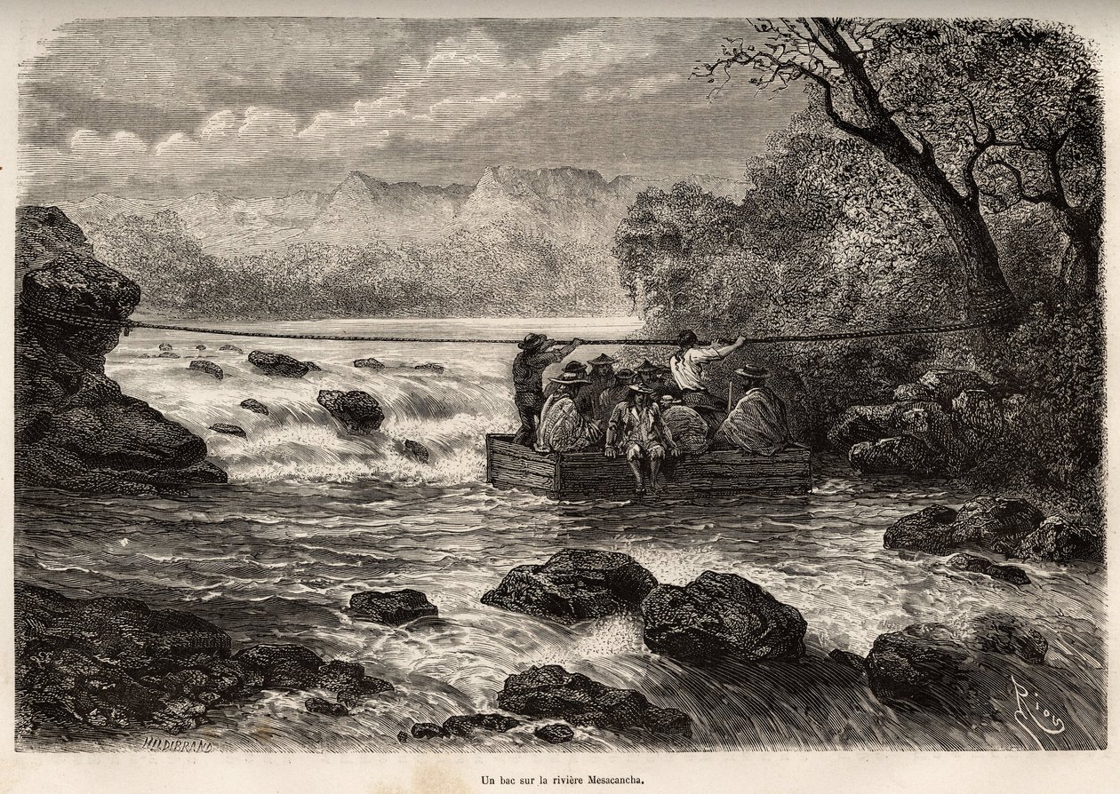 The crossing by the ferry of the Mesacancha River (Lower Peru), engraving by E. Riou illustrating the journey in the mountains, the valley of Huarancalqui and the regions of the Pjonal, from 1862 to 1863, by Paul Marcoy, published in “Le tour du monde” 187 by Edouard Riou