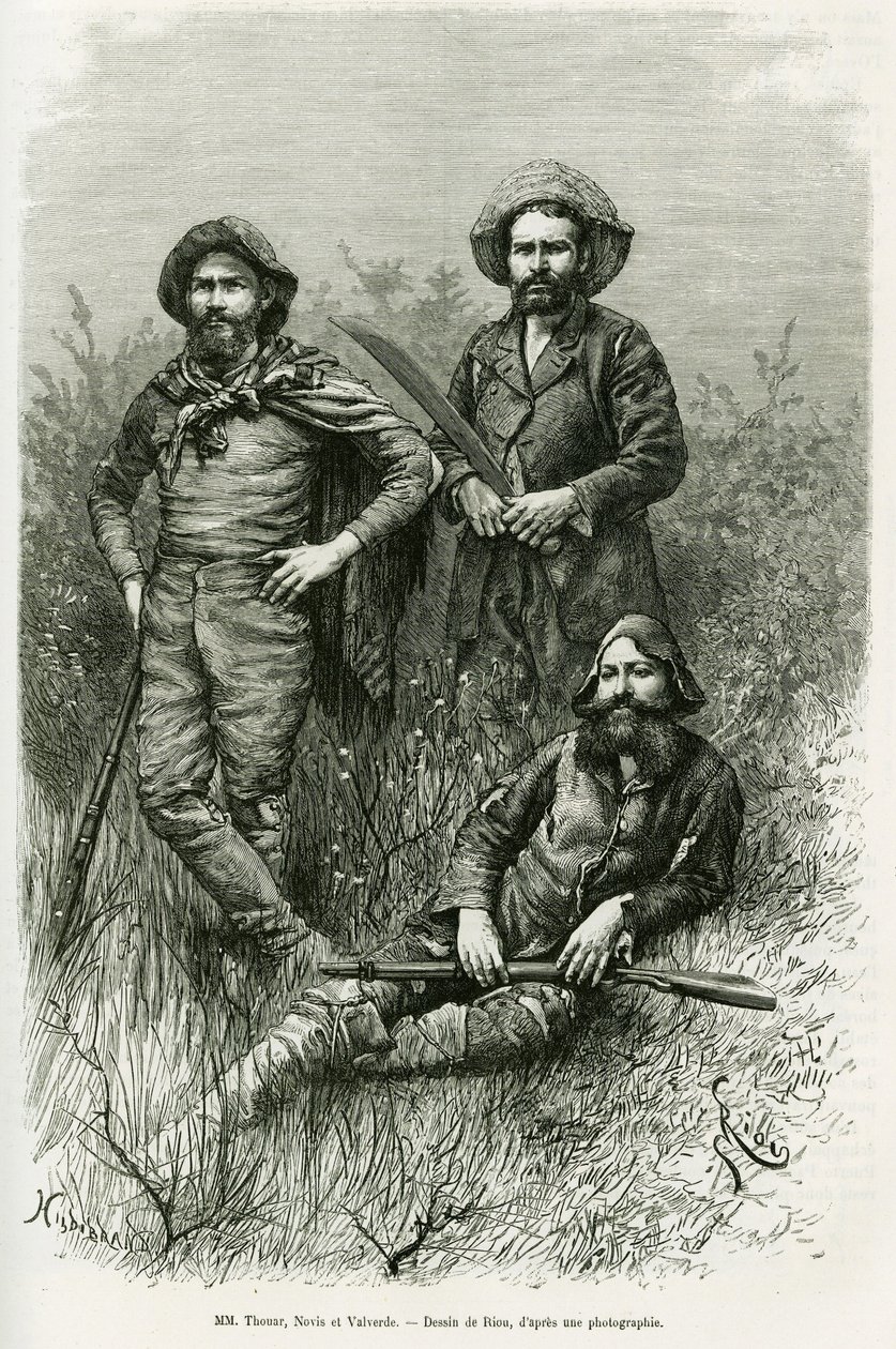 Members of the expedition: Mr. Thouar (lengthening), Mr. Novis (standing left) and Mr. Valverde (standing right). Engraving to illustrate the story Voyage dans le Chaco Boreal. by Edouard Riou