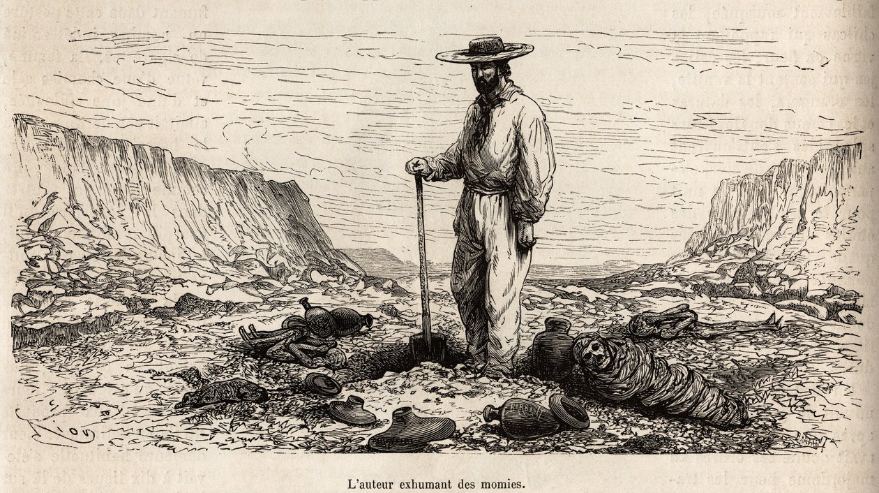 Paul Marcoy exhuming Inca mummies (Lower Peru), engraving by E. Riou illustrating the journey in the mountains, the valley of Huarancalqui and the regions of Pjonal, from 1862 to 1863, by Paul Marcoy, published in “Le tour du monde” 1875, edited by Edouard by Edouard Riou