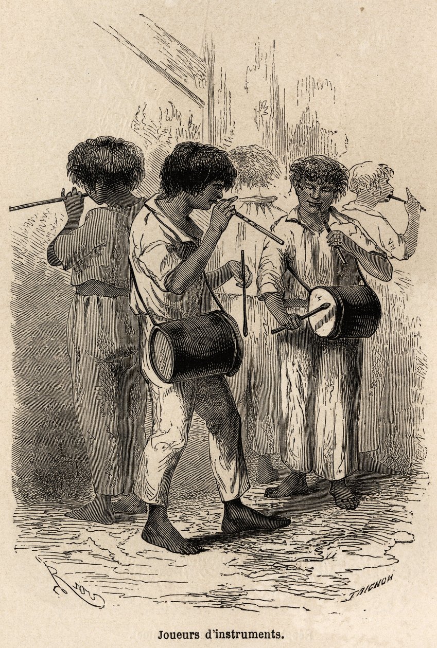 Players of musical instruments in Sarayacu, Peru by Edouard Riou