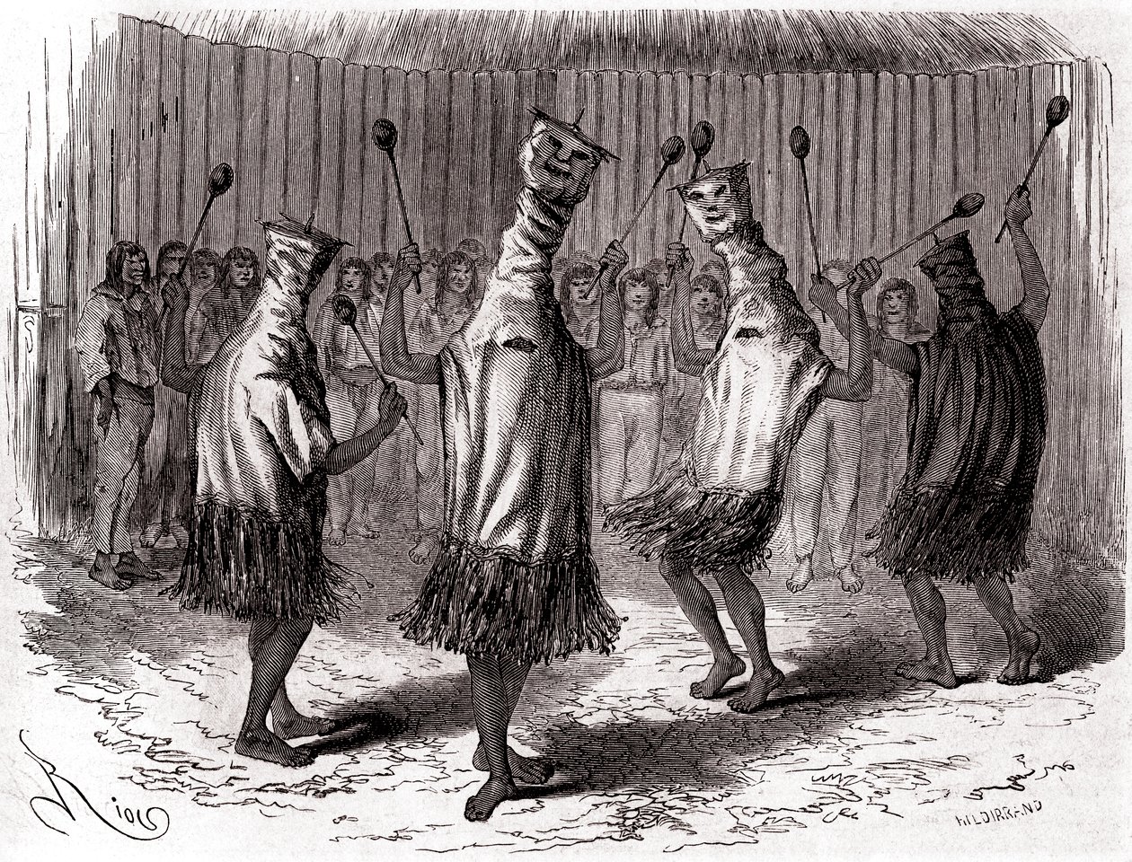 Ritual Dance of the Ticuna Indians of Peru Wearing Disguises and Masks by Edouard Riou
