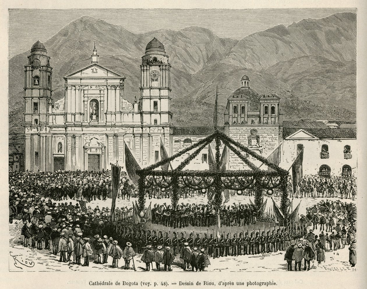 The Cathedrale of Bogota, in Bolivar Square (Colombia), during the annual celebration of the Independence (18 December), for this occasion, an ephemere kiosk was set up to house the band orchestra, drawing by E.Riou, to illustrate the journey to equinoxial by Edouard Riou