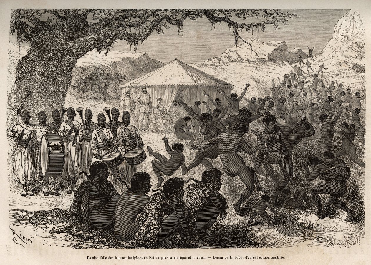 The band of the expedition attracts women and children of the village of Fatiko (Central African Republic). Engraving illustrating an expedition in Central Africa by Edouard Riou