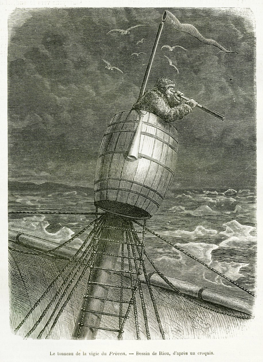 The barrel of the watch of the boat Proven, drawing by Riou, to illustrate the story of Professor Nils Adolf Erik (Eric) Baron Nordenskjold (Nordenskiold) (1832-1901): Swedish polar expedition, in 1875. Engraving in Le tour du monde by Edouard Riou