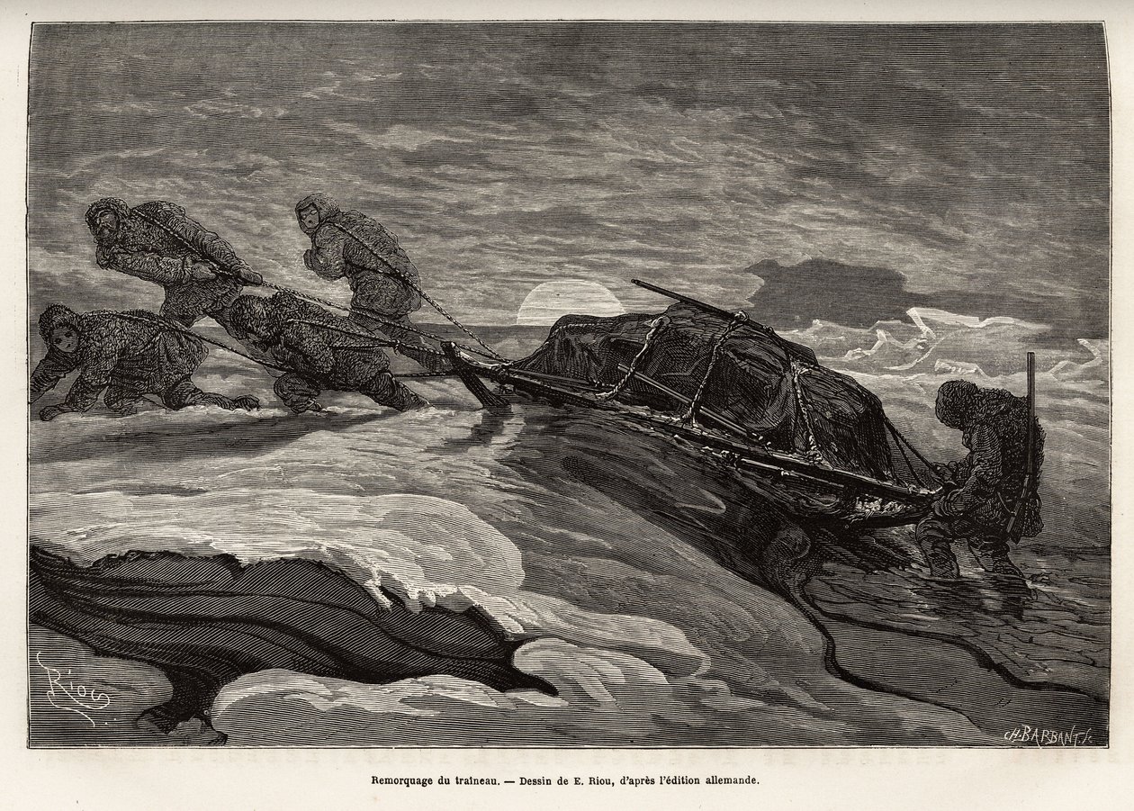 The crew of the ship La Germania, descended on the ice for a hunting game, proceeded to tow their sleigh on the ice, as the sun sets, engraving after the drawing of E. Riou, illustrating a voyage to the North Pole by Edouard Riou