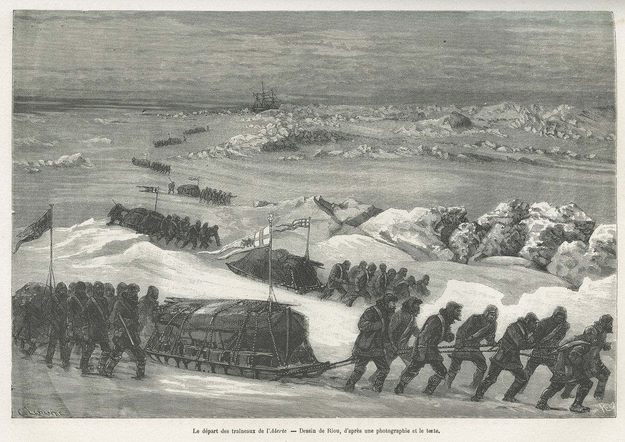 The departure of the Alert sleds, ship of the polar expedition, drawing by Riou, to illustrate the story of a voyage to the polar sea in 1875-1876, by Captain G.S.Nares. Engraving in Le tour du monde by Edouard Riou