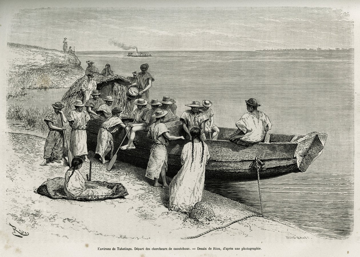 The start of rubber researchers, in the vicinity of Tabatinga (upper Amazon region). Engraving by Riou, to illustrate the story of Cayenne aux Andes, by Jules Crevaux, doctor of the French navy, in 1878-1879, published in the Tour du monde, under the direc by Edouard Riou