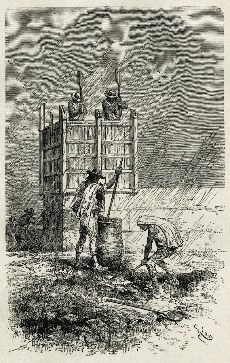 The Tapial Technique of Building Clay Walls (engraving by Riou, to illustrate the story L