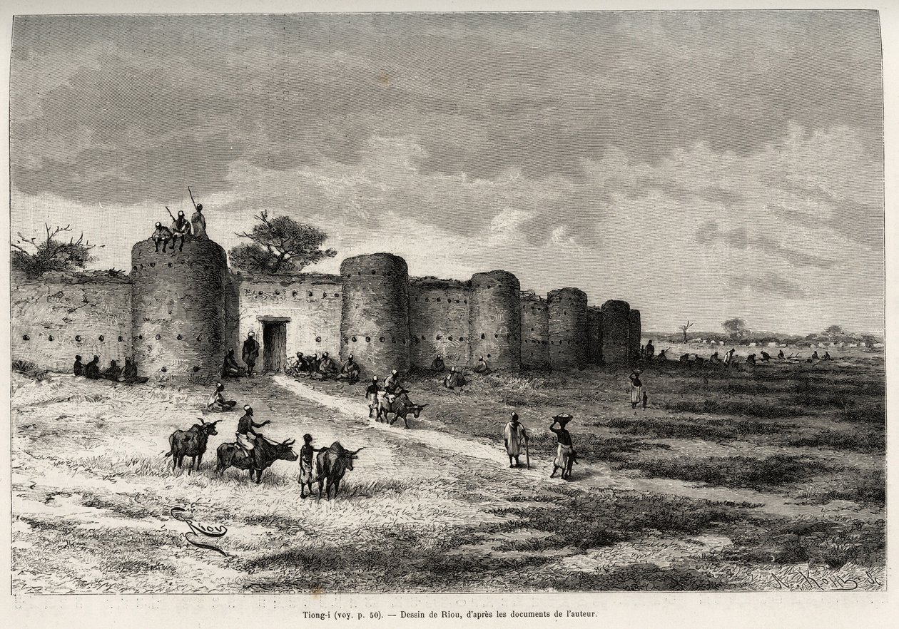 The town of Tiong-Gi, with its fortifications and clay towers. Engraving by Riou, to illustrate the story From Niger to the Gulf of Guinee by Captain Louis Gustave Binger by Edouard Riou