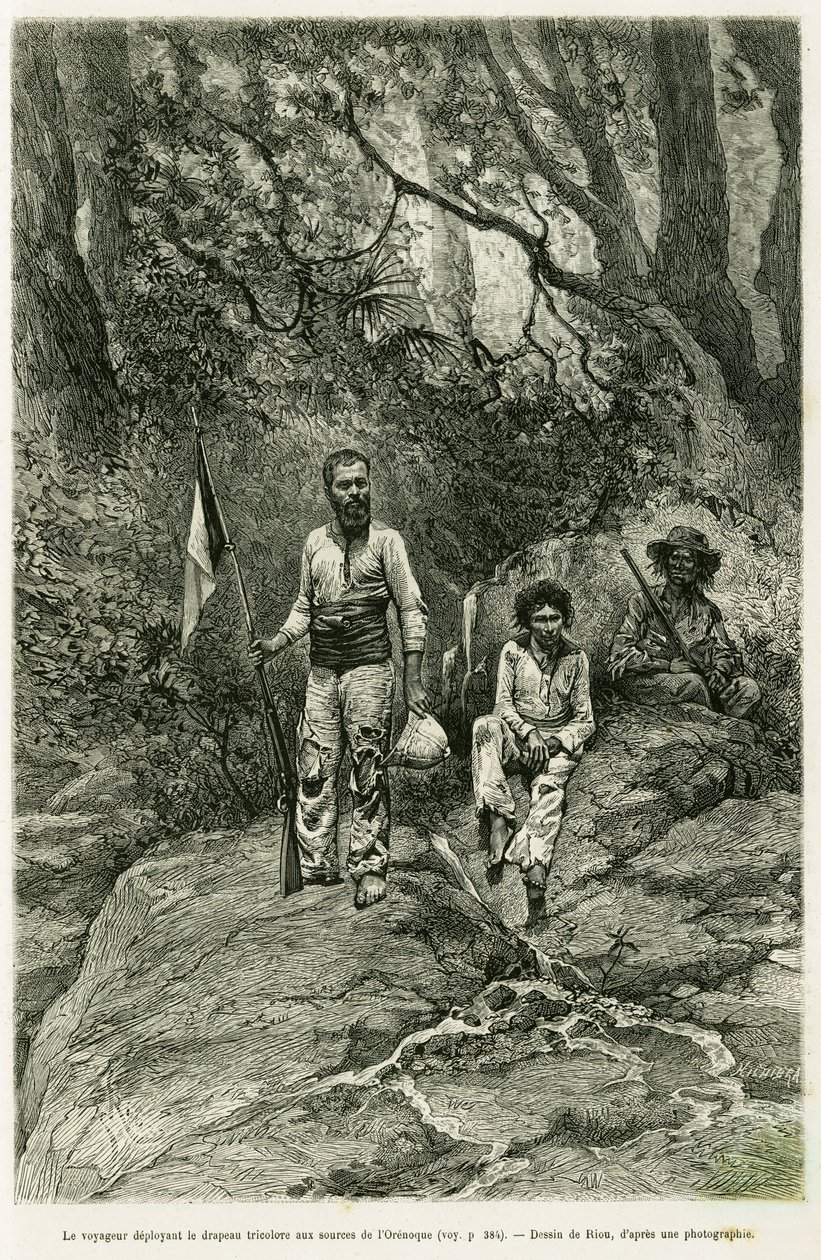 The Traveler Deploying the Tricolor Flag to the Sources of the Orinoco. Engraving by Riou, to illustrate the story 