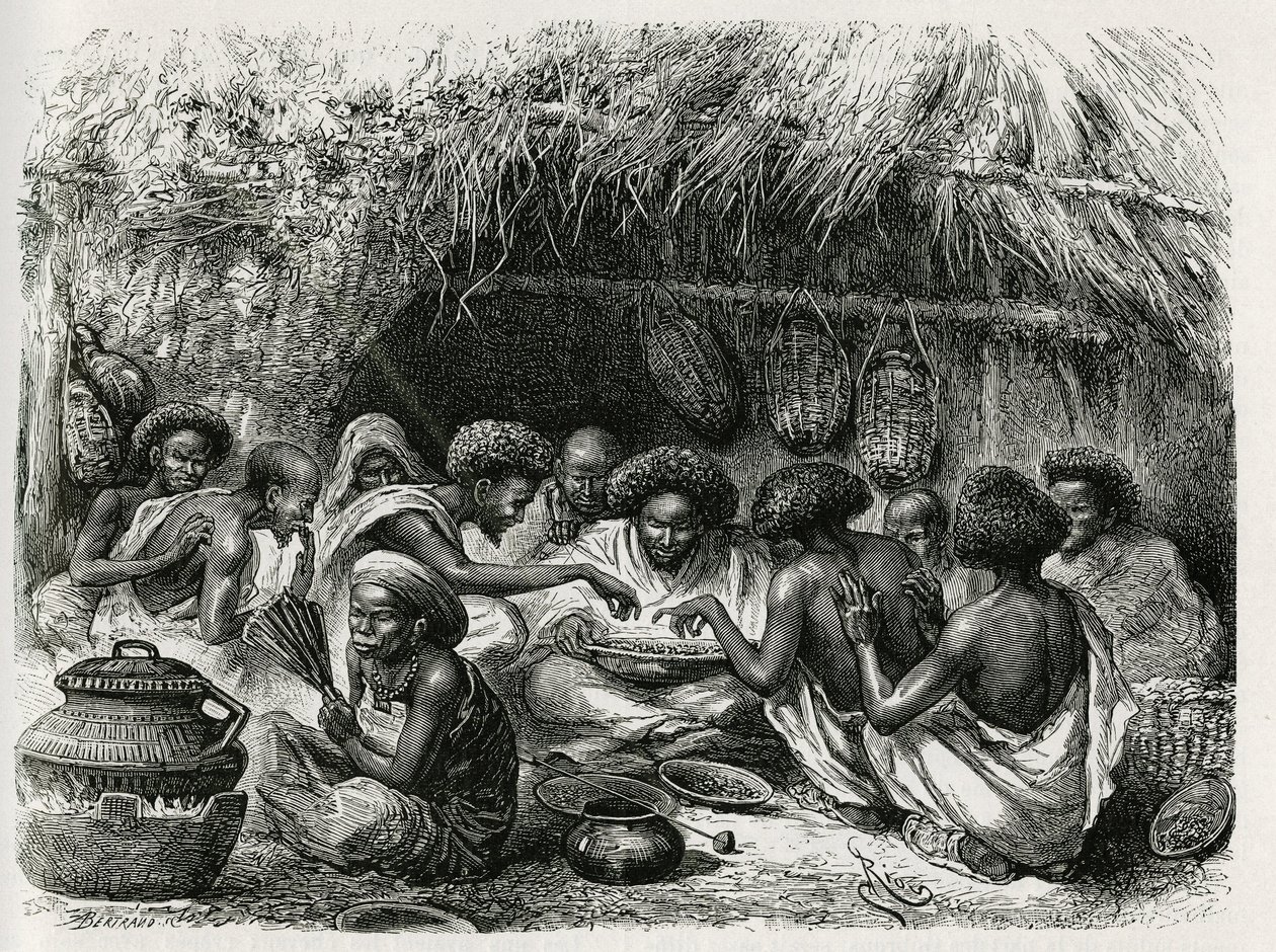 Toilet of the coffee, the woman with the fan activates the fire that heats the coffee beans by Edouard Riou