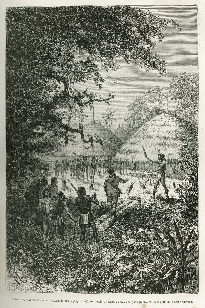 Yacouman, Roucouyenne chief, tribe of Guiana on the banks of the Oyapock, chasing the devil, he walks through the village after the birth of a child, sprinkling a milky white liquid with a feather brush, engraving after a drawing by Riou, to illustrate the by Edouard Riou