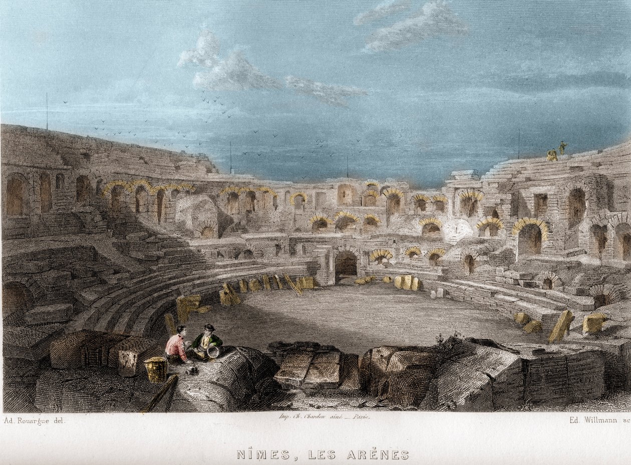 Les arenes de Nimes, Gard, Languedoc-Roussillon, France (engraving) by Edouard Willmann