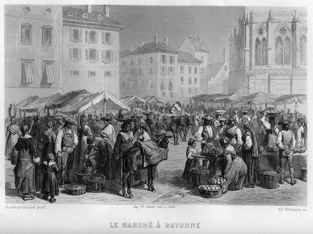 Marche in Bayonne, Pyrenees-Atlantiques, Aquitaine, France (engraving) by Edouard Willmann
