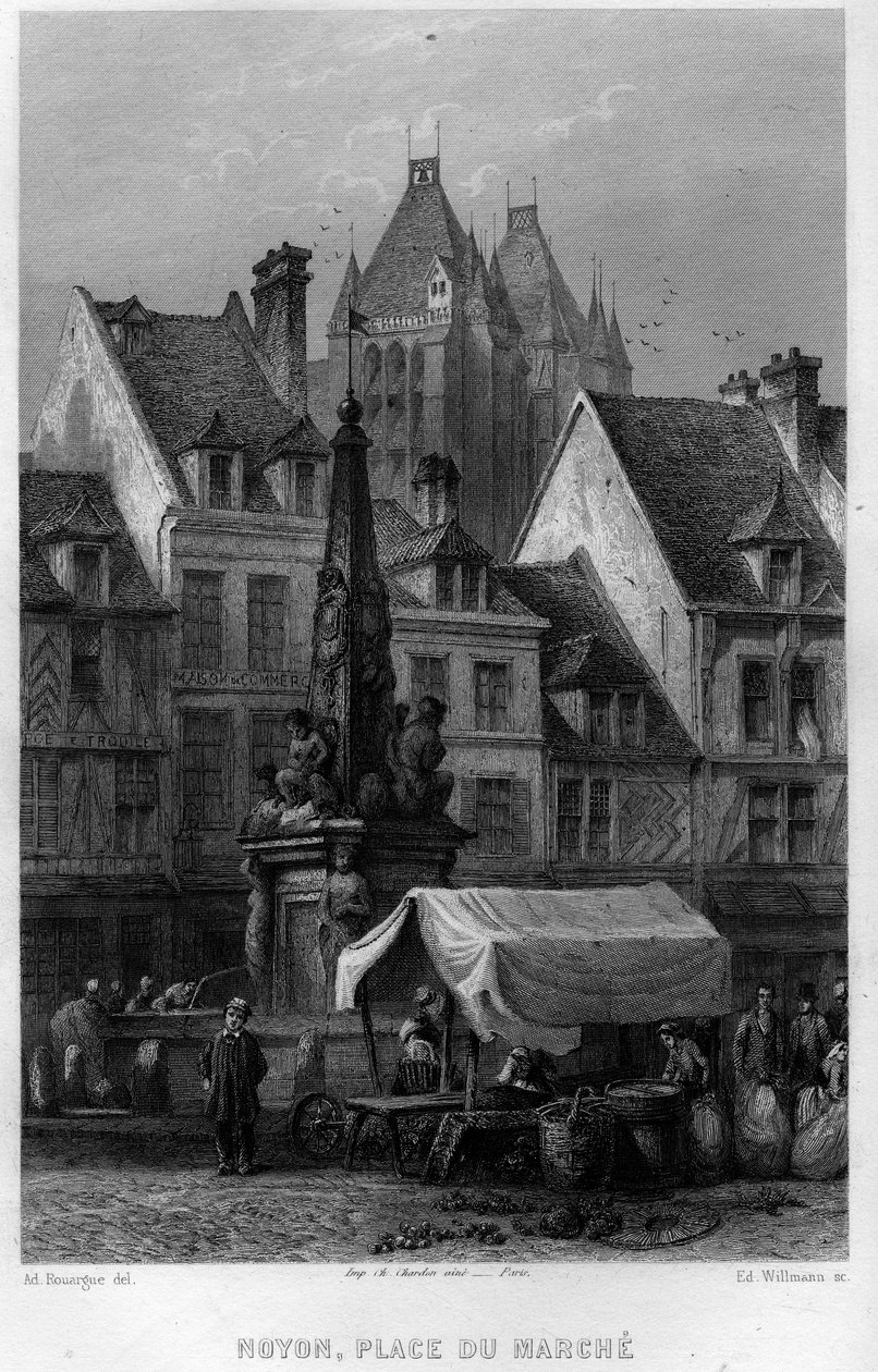 Place du marche de la ville de Noyon, Oise, Picardie, France (engraving) by Edouard Willmann