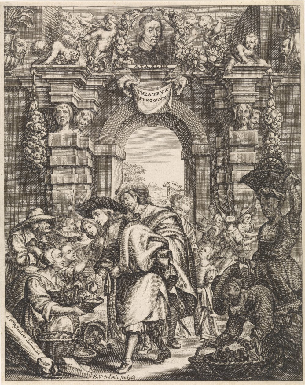 Two Gentlemen Buying Mushrooms at the Market (Title Illustration for: F. van Sterbeeck, Theatrum Fungorum oft het tooneel der Campernoelien, 1675) by Edouard van Ordonie