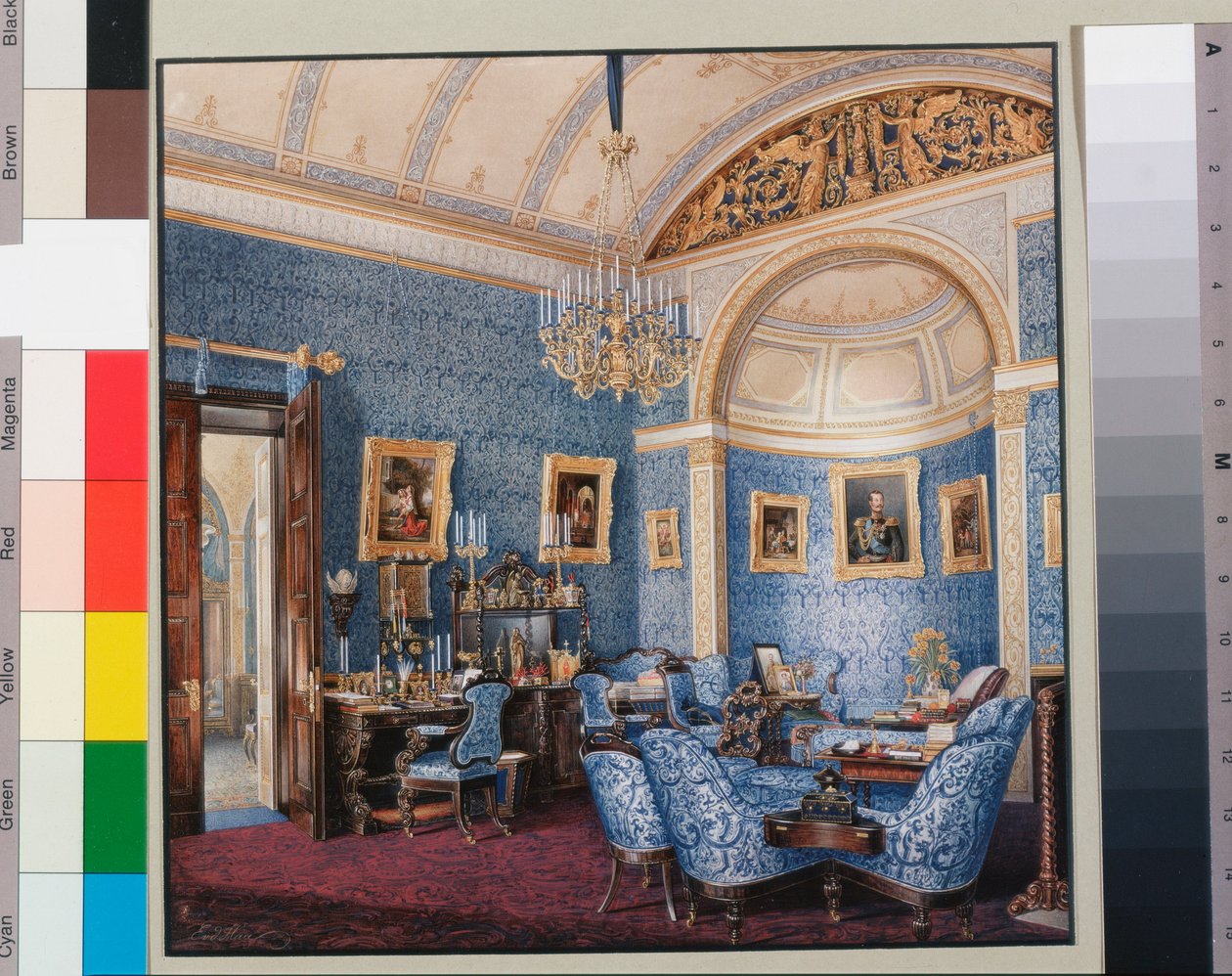 Interiors of the Winter Palace - The Boudoir of Empress Maria Alexandrovna - Watercolour on Paper by Eduard Hau by Eduard Hau