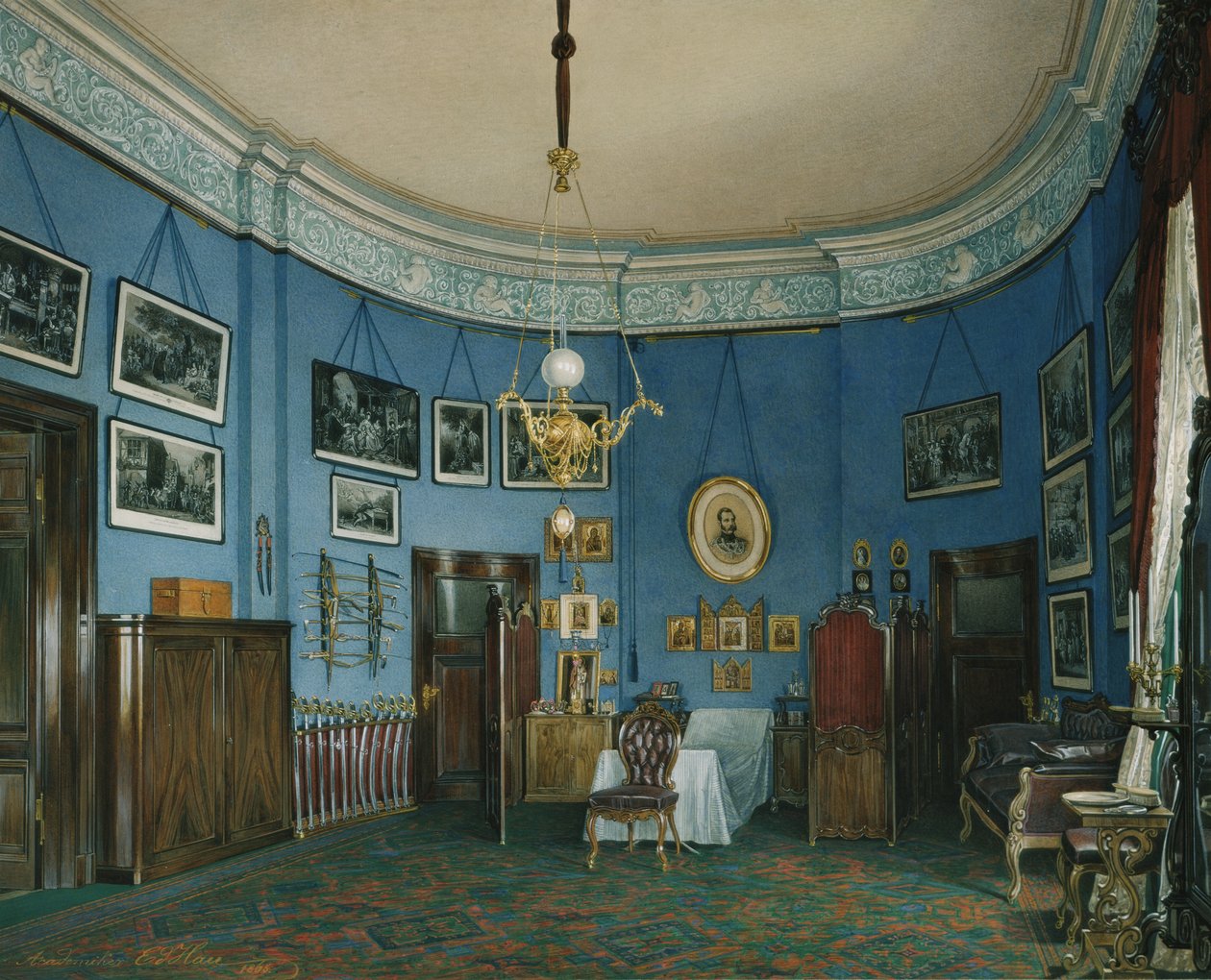 Interiors of the Winter Palace. The Bedroom of Crown Prince Nikolay Aleksandrovich, 1865 by Eduard Hau