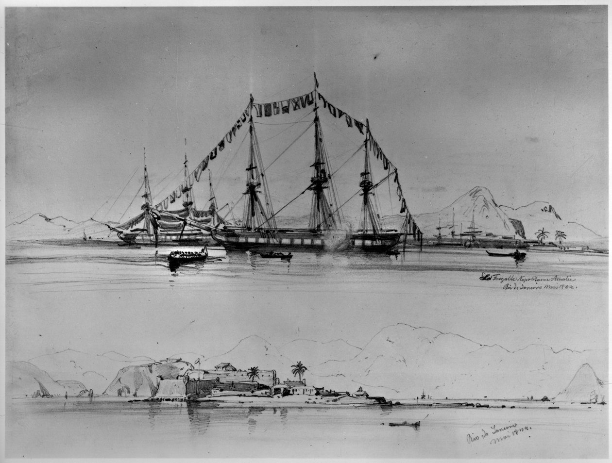 Three-Master on the Coast and View of a Fort near Rio de Janeiro by Eduard Hildebrandt
