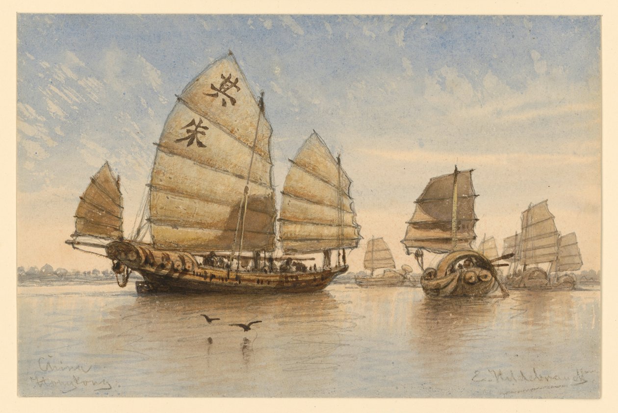 Junks before Hong Kong by Eduard Hildebrandt