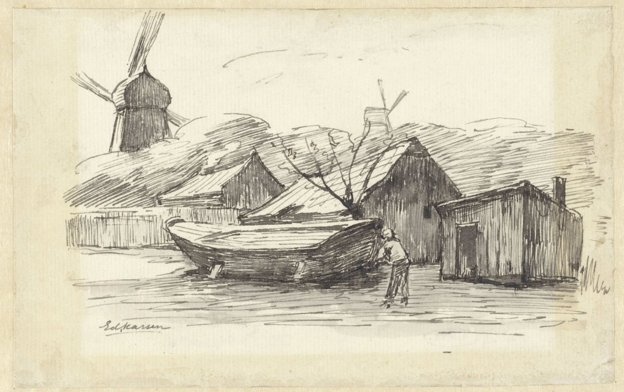 Boat, Houses and a Windmill by Eduard Karsen