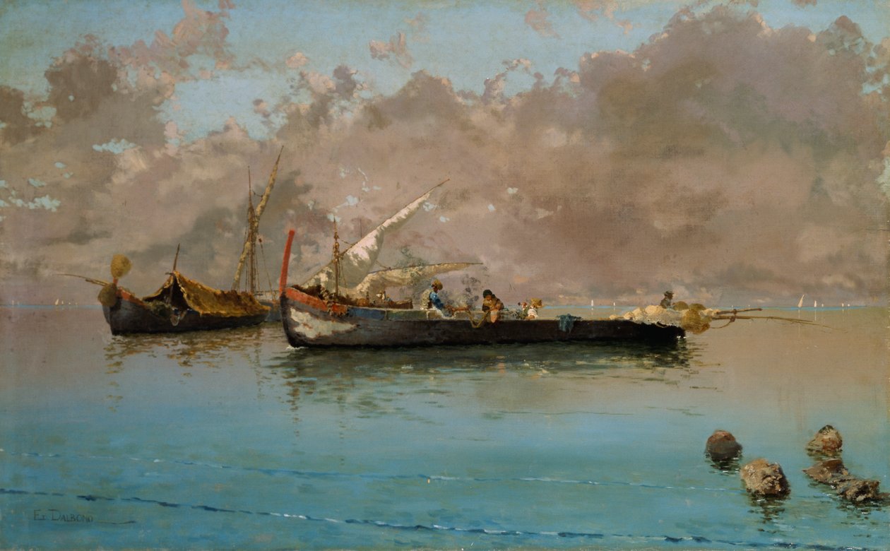 Marina with fishing boats, by Eduardo Dalbono, oil on canvas by Eduardo Dalbono