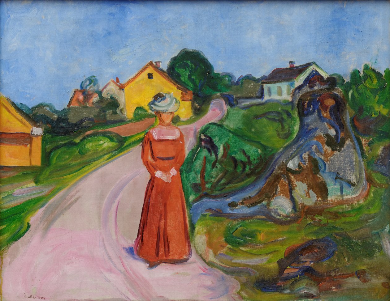 Street in Åsgårdstrand and a Woman in Red Dress by Edvard Munch