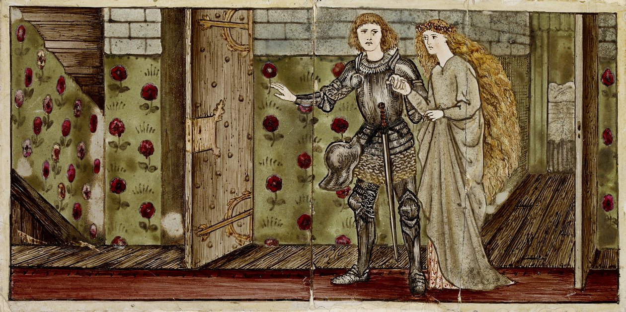 A set of sixteen tiles arranged in pairs to form eight illustrations of the 