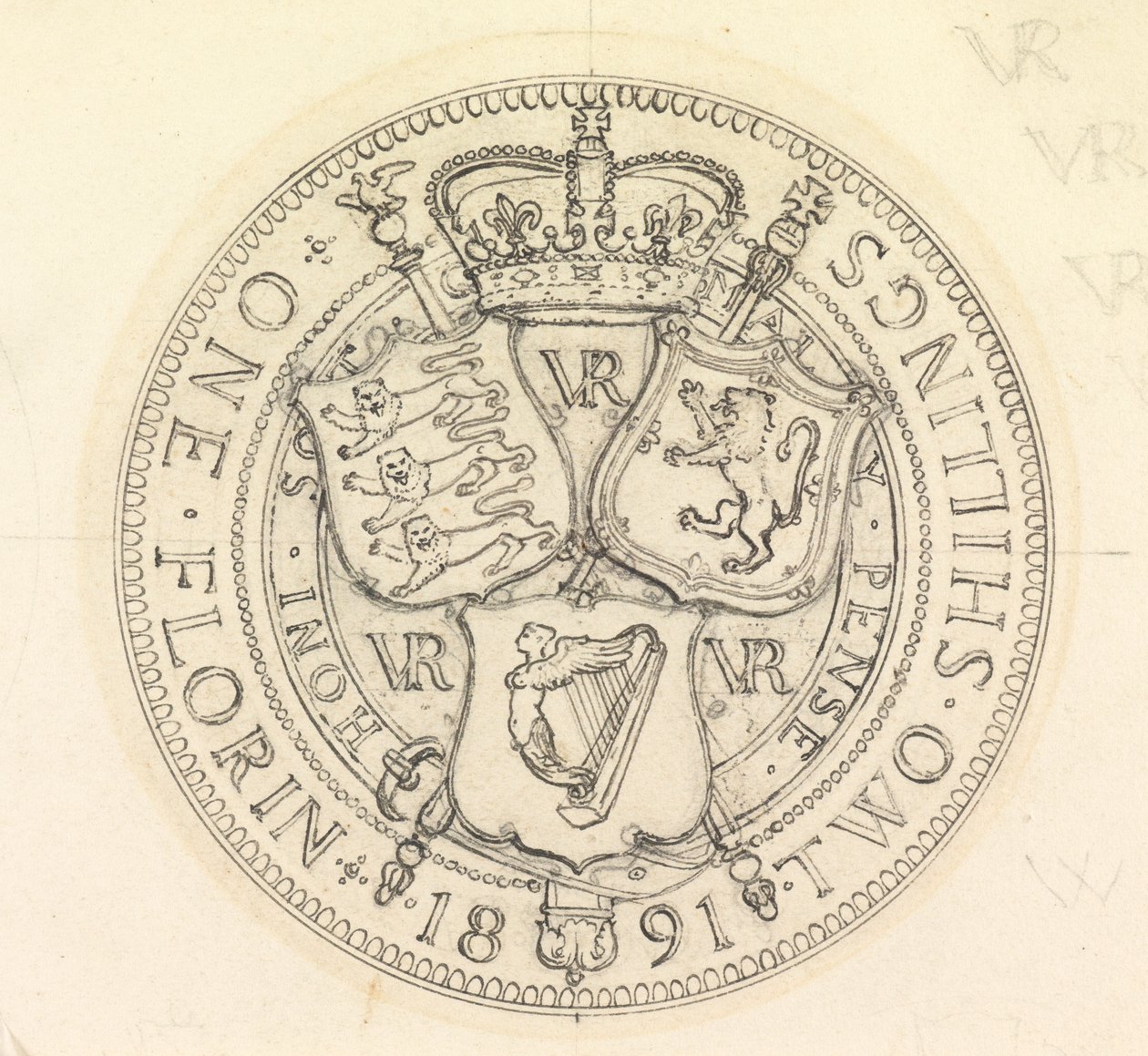 Two Design Sketches for the Florin and Shilling by Edward John Poynter