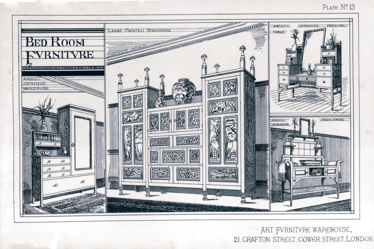 Bedroom Furniture from the Art Furniture Warehouse, Plate 13, Godwin Edward William, 1876, Manufacturer Watt W by Edward William Godwin