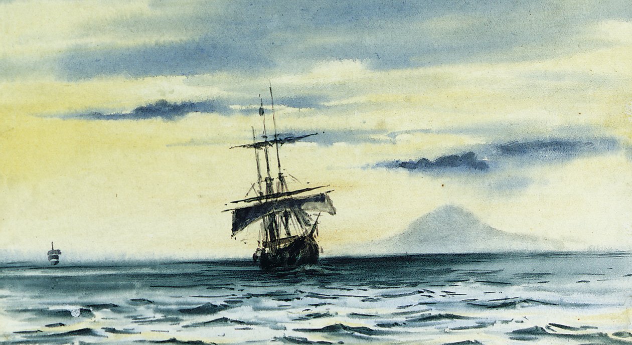 The last sight of Mount Discovery: SS. Morning and Terra Nova following the Discovery out of McMurdo Strait, Feb. 19, 1904 Midnight by Edward Adrian Wilson