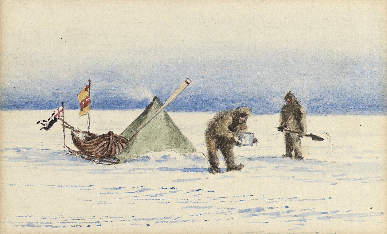 The sledge party to White Island, February 1902: Shackleton and Wilson making camp by Edward Adrian Wilson