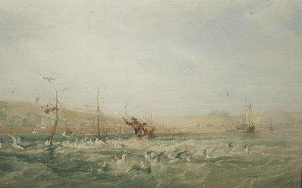 Fishermen Chasing Seagulls from the Nets, Mumbles, South Wales by Edward Duncan