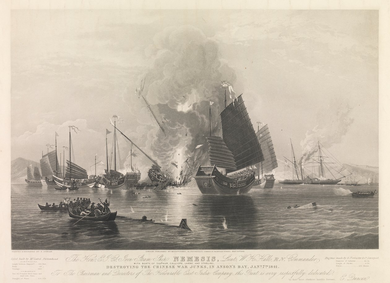 The Hon. E.I. Co. Iron Steam Ship Nemesis, with boats of Sulphur, Calliope, Larne and Starling, destroying the Chinese War Junks, in Anson