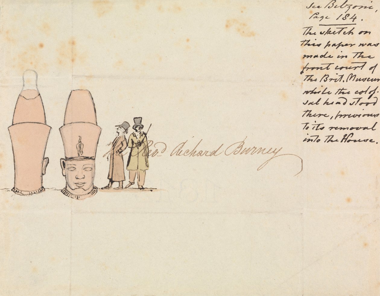Letter to Rev. Richard Burney with drawing of Colossal Head from British Museum Courtyard by Edward Francis Burney