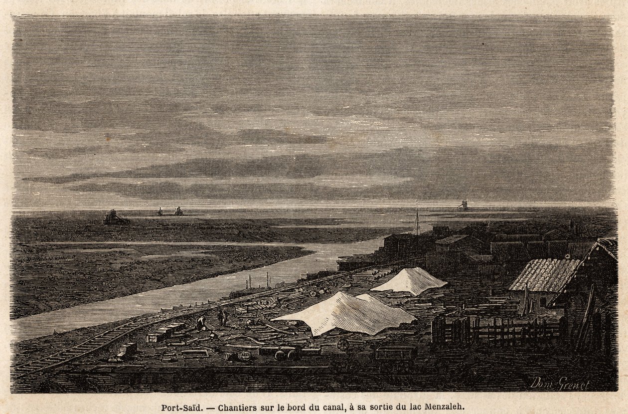 Port Said shipyards, on the edge of the Suez Canal, at its exit from Lake Menzaleh, drawing by Grenet, to illustrate an excursion to the Suez Canal, in 1862, by Paul Merruau. Engraving in Le tour du monde, edited by Edouard Charton by Edward Grenet
