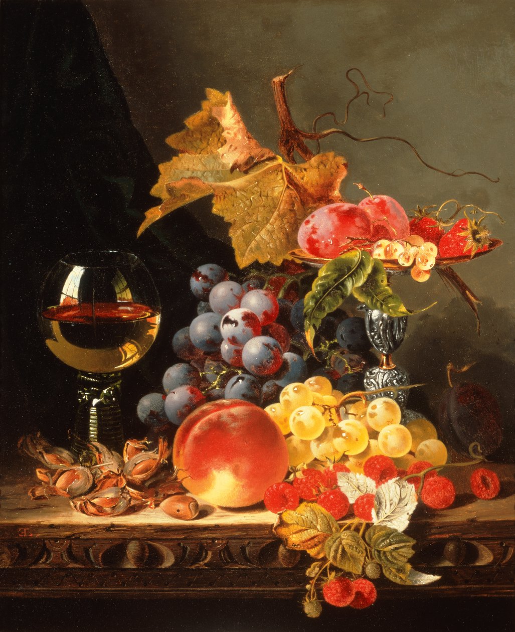 Grapes, Plums, White Currants, Strawberries with Wine on a Wooden Ledge by Edward Ladell
