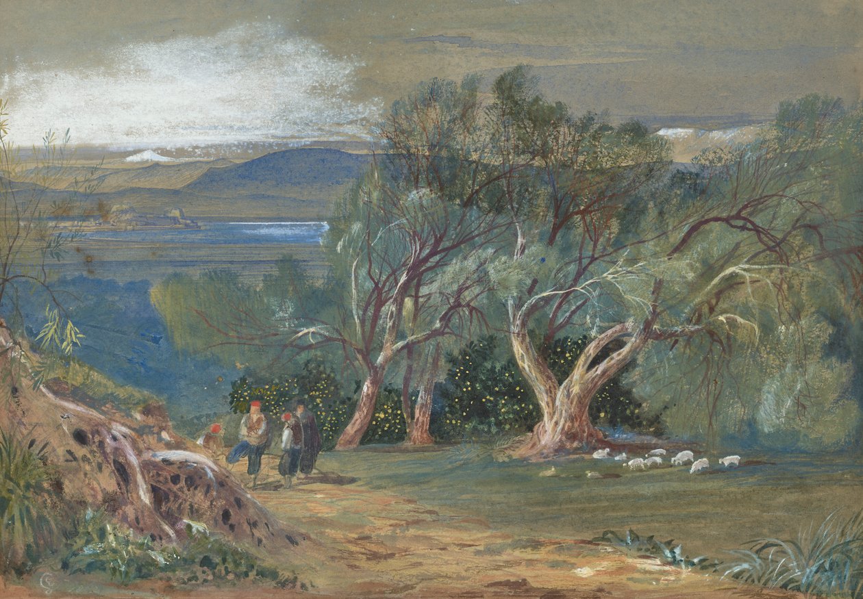 A distant view of Corfu from Viros by Edward Lear