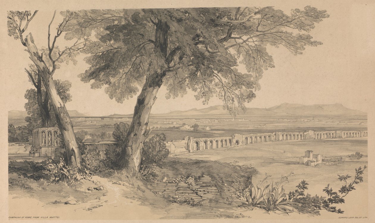 Campagna of Rome from Villa Mattei, from Views in Rome and its Environs, 1841 by Edward Lear
