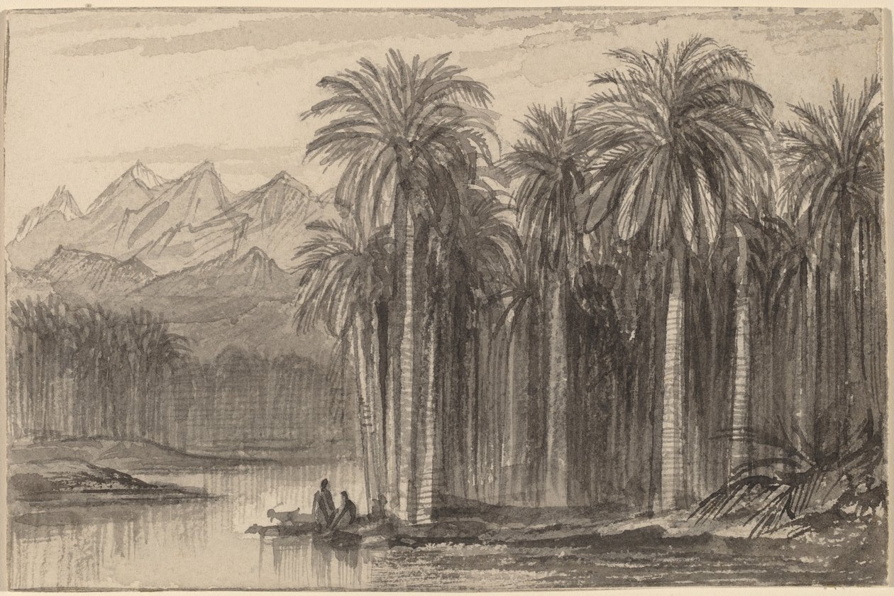 Figures Setting Out in Canoes from a Palm Grove by Edward Lear
