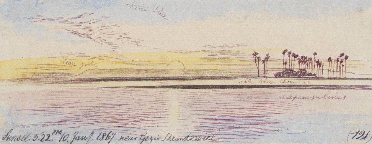 Near Gezir Shendowiel; Sunset, 5:22 P.M., 10 Jan. 1867 (121) by Edward Lear