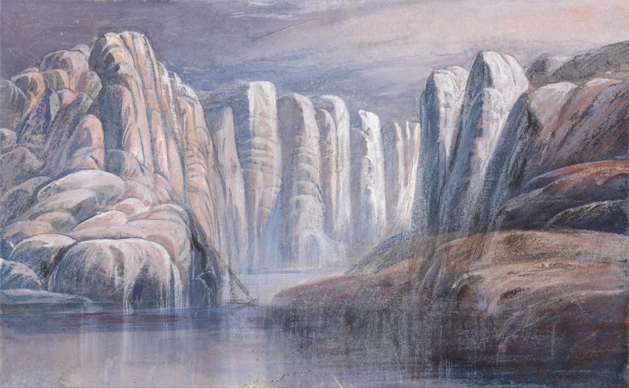 River pass, between barren rock cliffs by Edward Lear