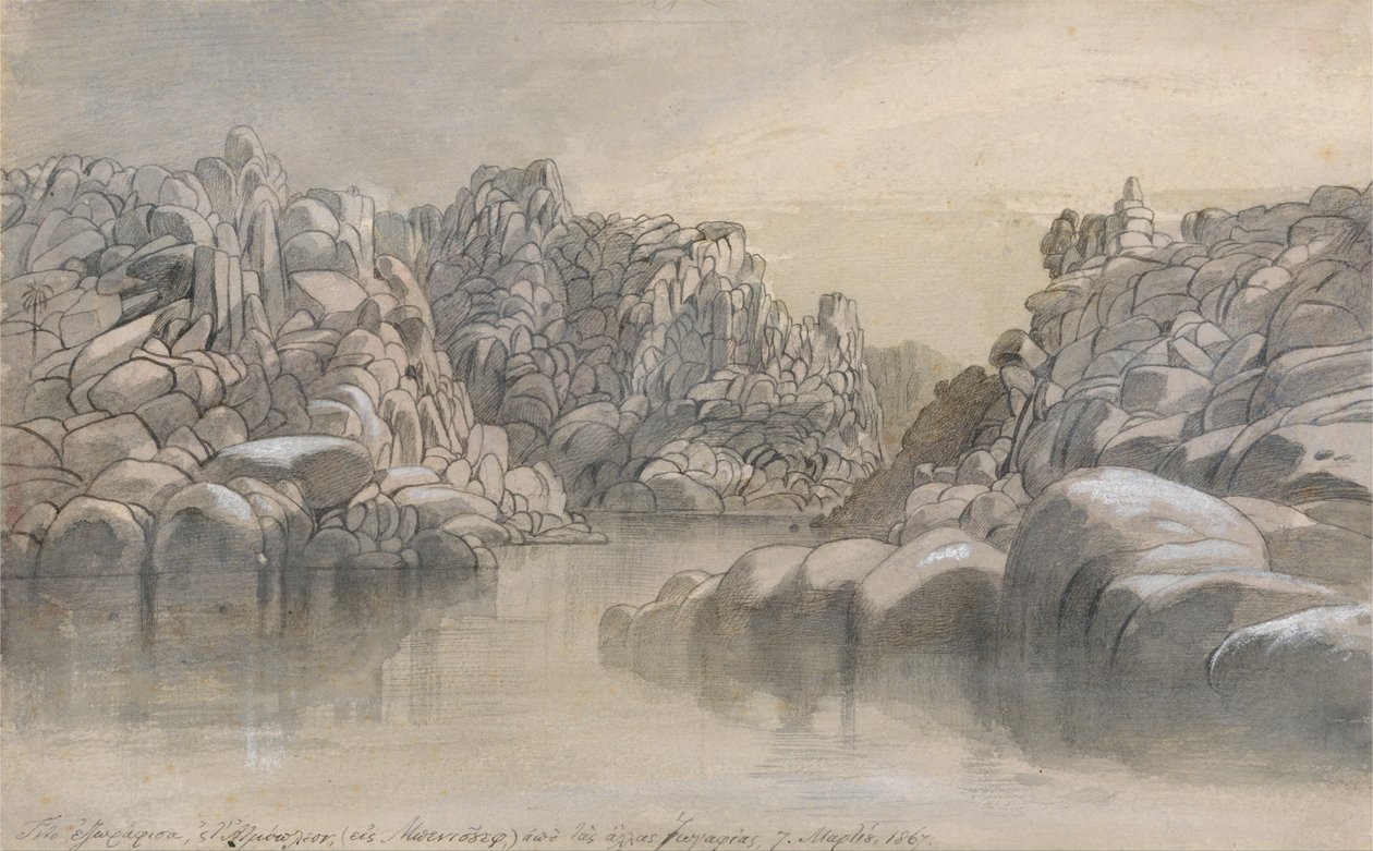 River pass between semi barren rock cliffs by Edward Lear