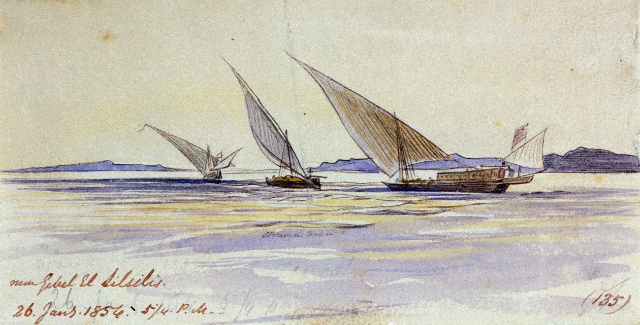 Three Traditional Egyptian Transport Ships, Sailing on the Nile, Near Gebel el-Silsila by Edward Lear