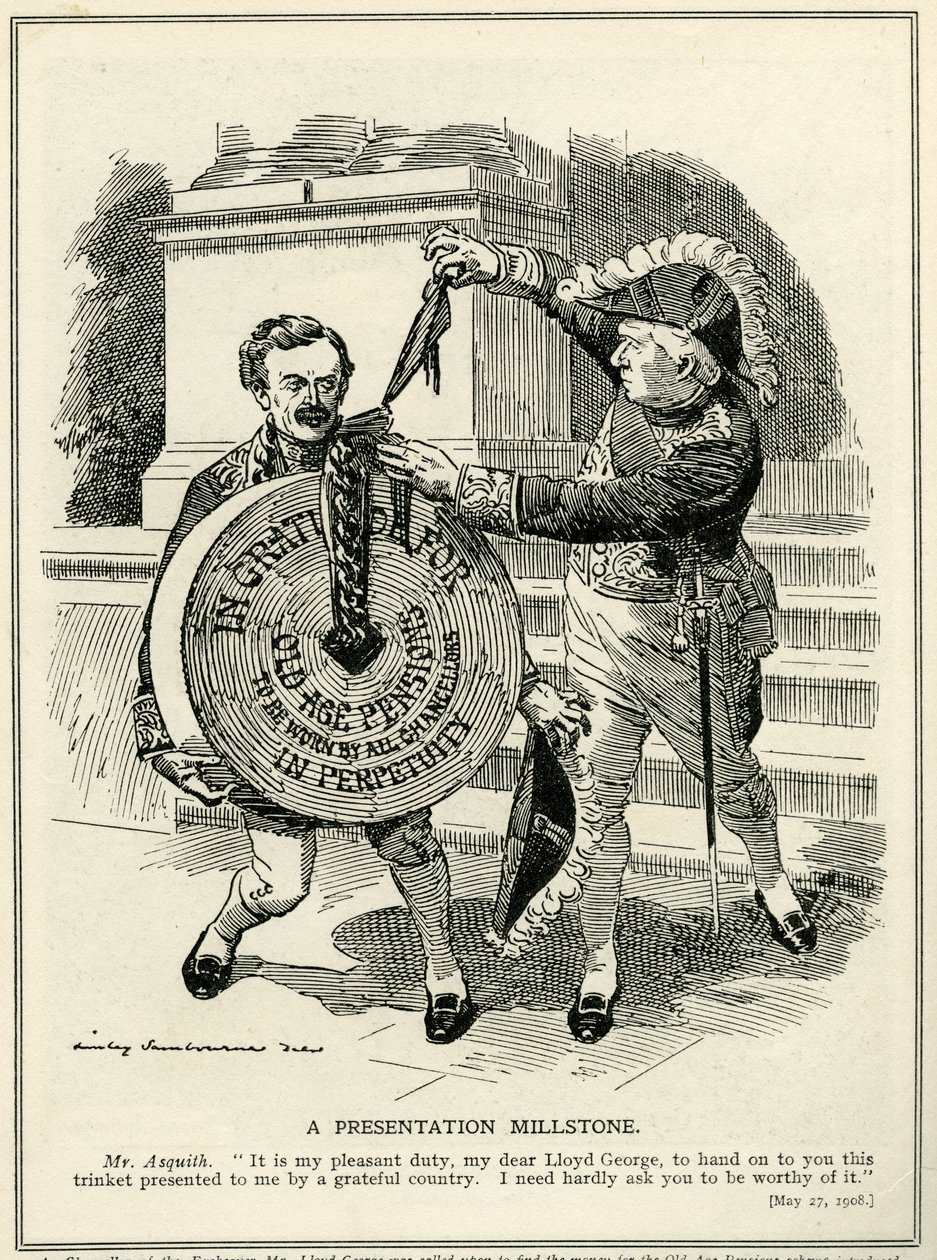 A Presentation Millstone, Prime Minister Asquith presents Chancellor of the Exchequer, Lloyd George, with the Old Age Pensions scheme, 1908 by Edward Linley Sambourne