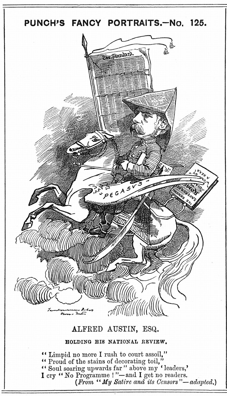 Alfred Austin British poet laureate from 1896. Cartoon by Edward Linley Sambourne in the Fancy Portraits series in Punch, London, 3 March 1883, when Austin became editor of National Review. Engraving. by Edward Linley Sambourne