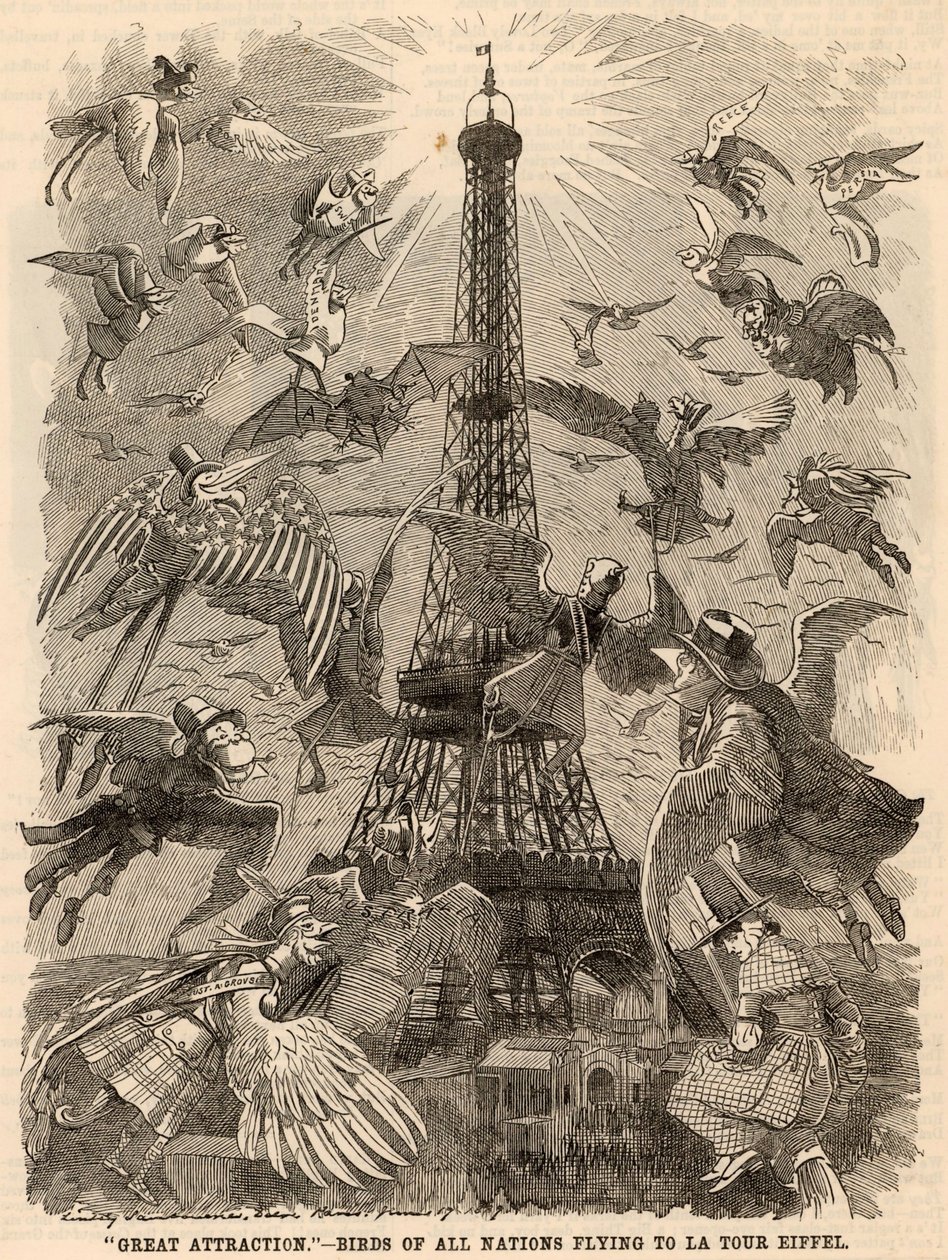 Birds of All Nations Flying to Eiffel Tower by Edward Linley Sambourne