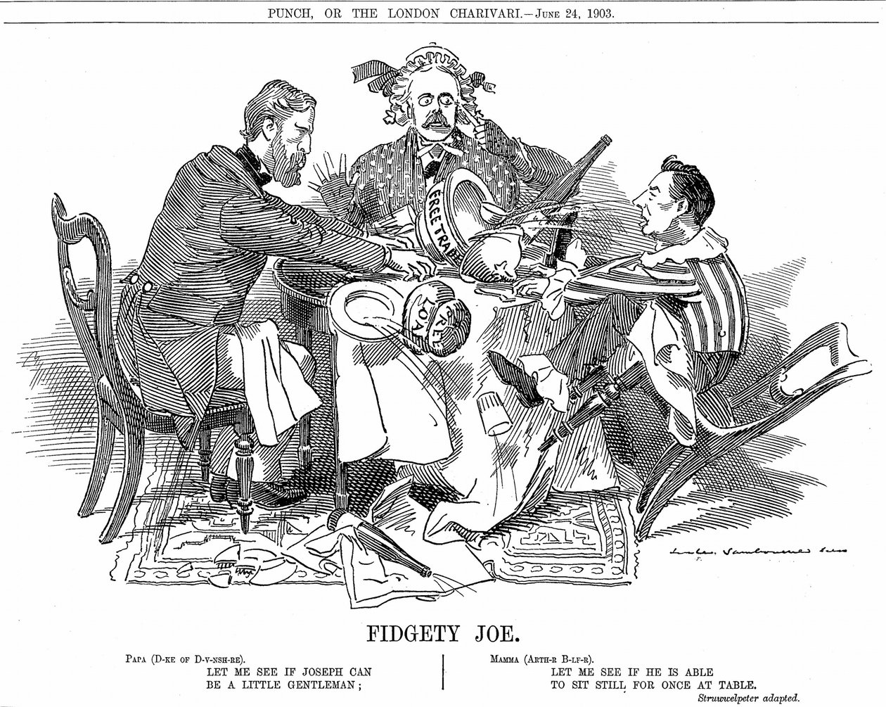 Coalition Government. Duke of Devonshire and Arthur Balfour trying to control Joseph Chamberlain, leader of junior party in coalition. In September 1903 he resigned to be free to advocate his Tariff Reforms. Cartoon by Edward Linley Sambourne by Edward Linley Sambourne
