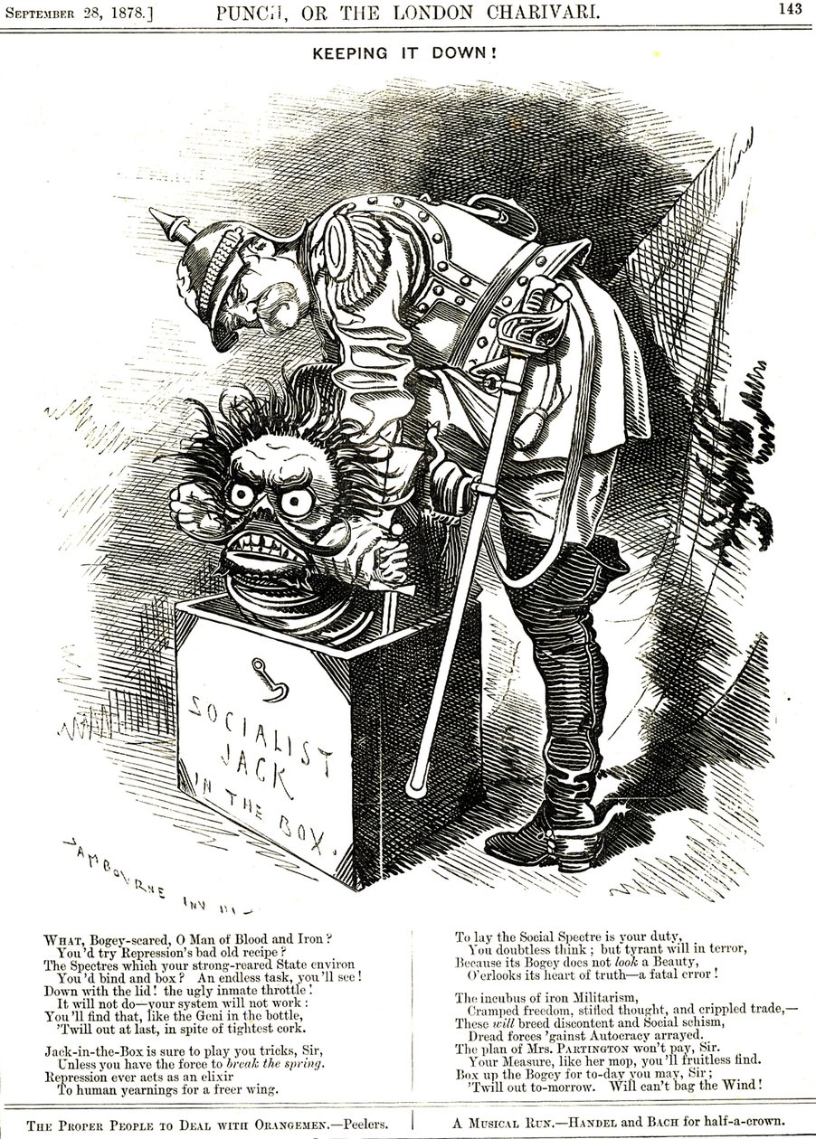 Keeping It Down. Otto von Bismarck (1815-1898) Germany Chancellor, Trying to Force the Jack of Socialism Back in His Box. Cartoon by Edward Linley Sambourne by Edward Linley Sambourne